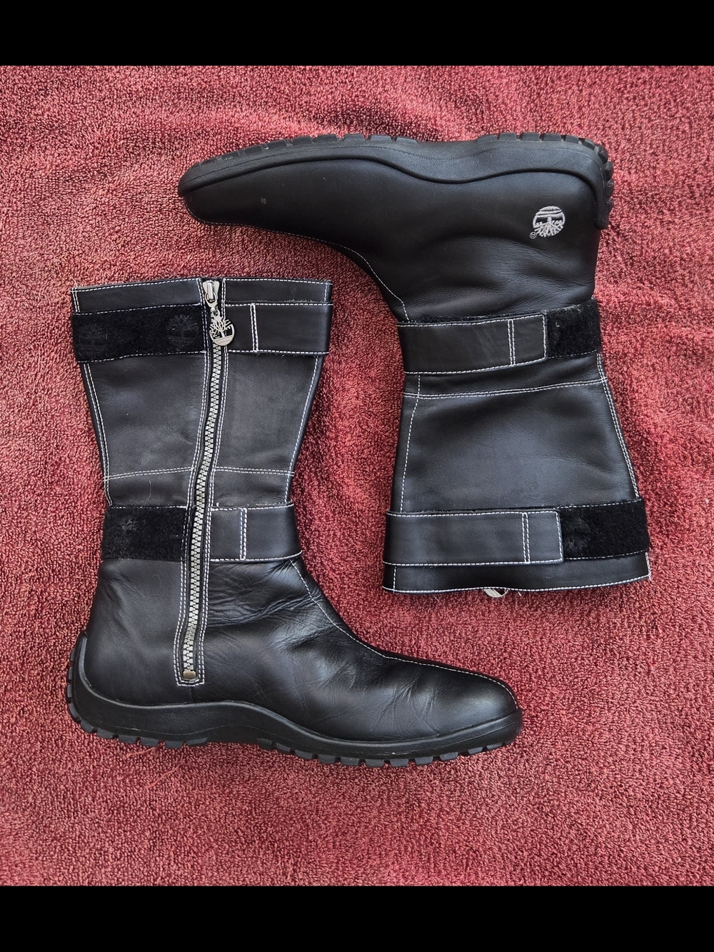 Timberland Women’s Black Leather Tall Moto Boots Size 9.5 M Side Zip Strap Y2K.